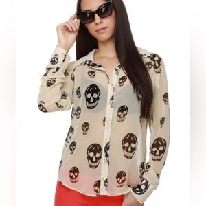 NWT Woman’s Small Pink Owl Apparel Skull Print Sheer Long Sleeve Button Up Top
